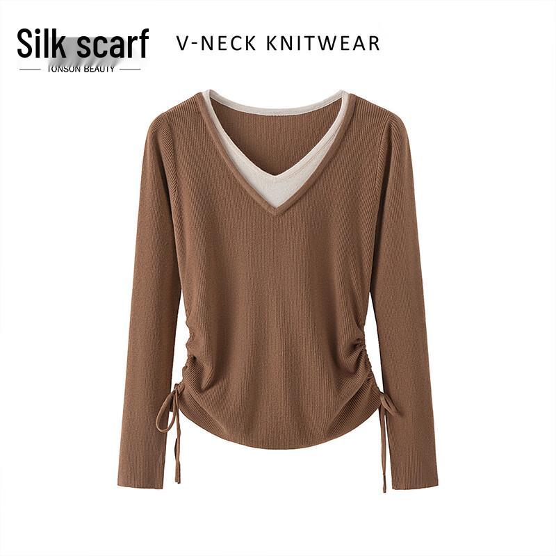 

Women s Faux Two-Piece V-Neck Knit Long Sleeve Top S