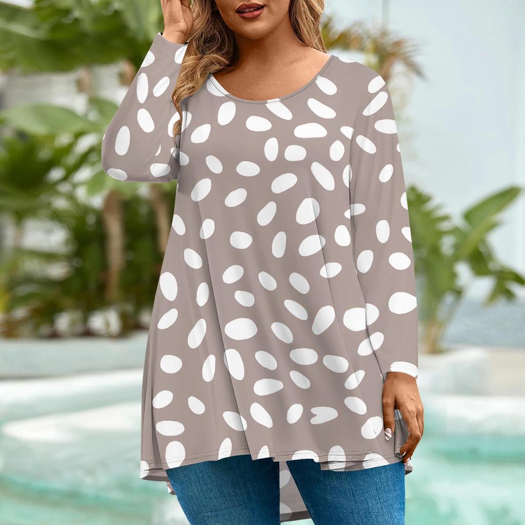 Women's Fashion Large Size Round Neck Long Sleeve Casual Print Loose Pullover Top