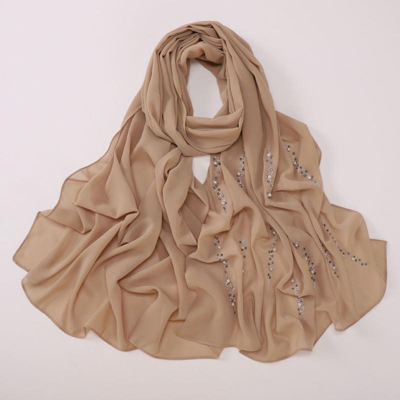 Chiffon Long Scarf With Rhinestones Beads Ethnic Headscarf For Women