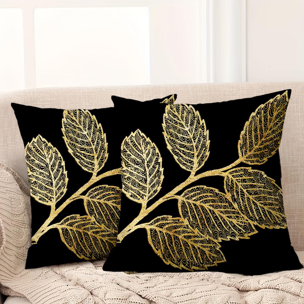 1 Stück - 2D Flachdruck Schwarze Kissen mit goldenem Blattmuster Polyester Kissenbezug Sofa Dekokissenbezug