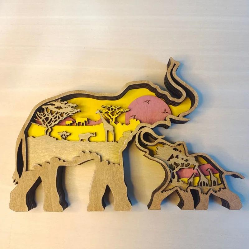 Wooden Elephant Sculpture Carved Mother Baby Elephant Tabletop Decor Creative Home Gift with Natural Wood Craft for Desk