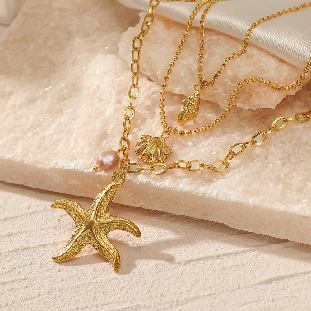 Three Layer Pearl Starfish Pendant Necklace Vintage Shell Spiral Necklace Women Jewelry