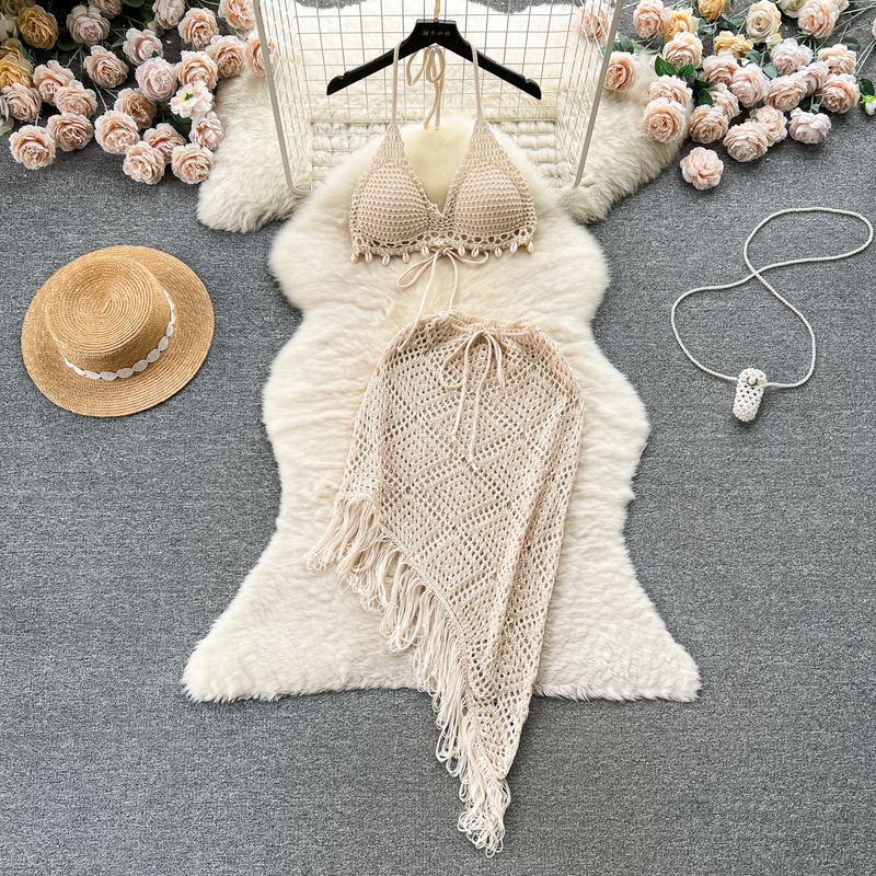 Hong Kong Style Vacation Style Suit Women's Stylish Bikini Halterneck Vest All-Matching Tassel Skirt Knitted Two-Piece