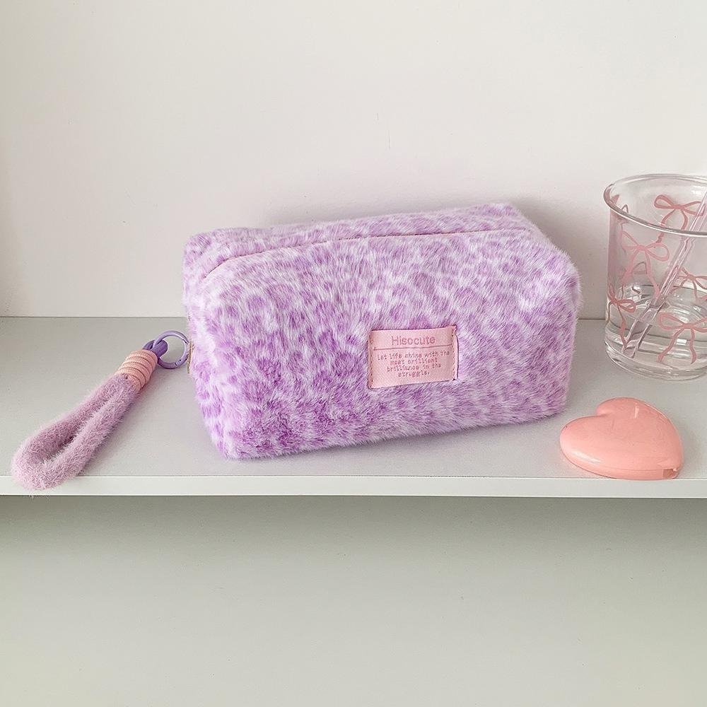 Plush Pink Color Leopard Print Schoolgirl Makeup Bag Large Cosmetic Tote Bag for Women Cute Portable Travel Hand Carry Organizer