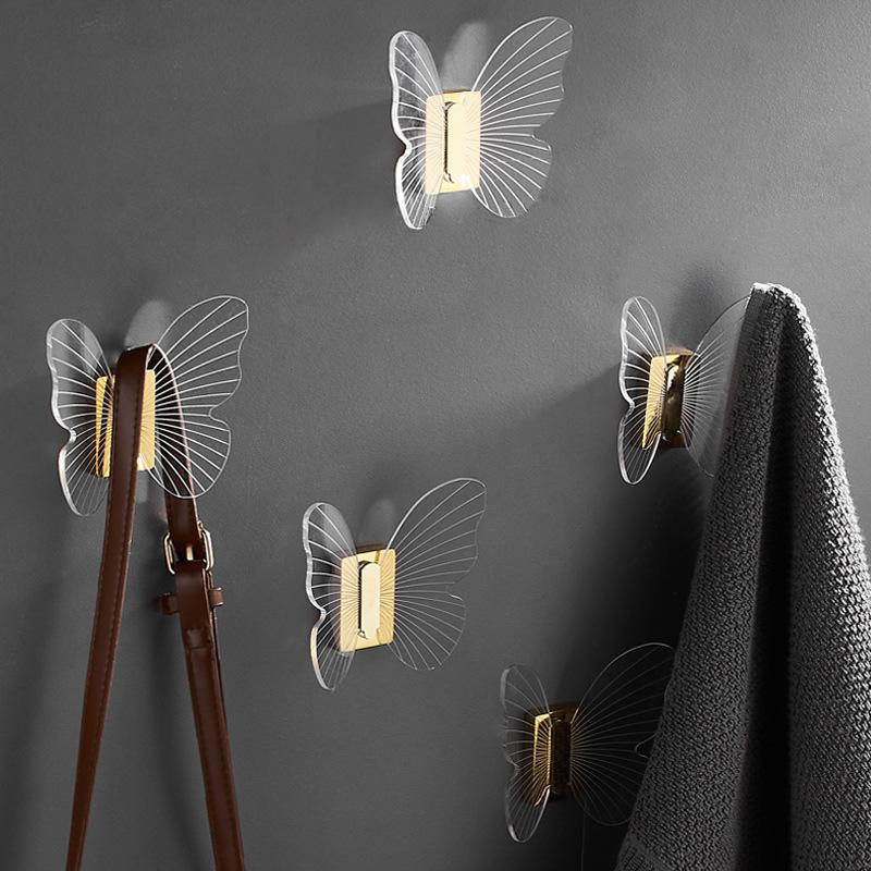 Gold/Black Bathroom Clothes Hook Transparent Acrylic Door Single Hook Wall Mounted Butterfly Bedroom Coat Hook Bath Robe Hook