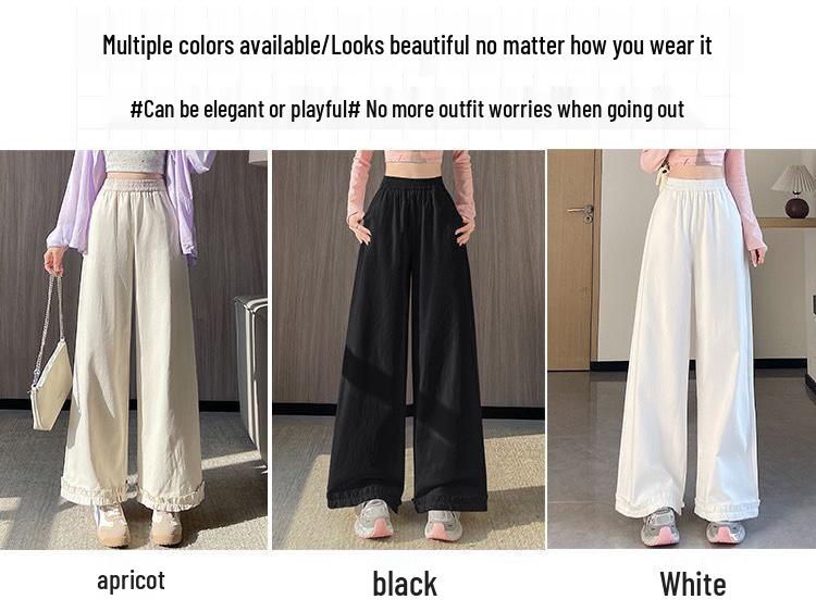Women's Spring/Summer 2026 Sweet Ruffle Lace Wide-Leg Pants - Elastic Waist, Slimming, Soft, and Smooth Casual Wear
