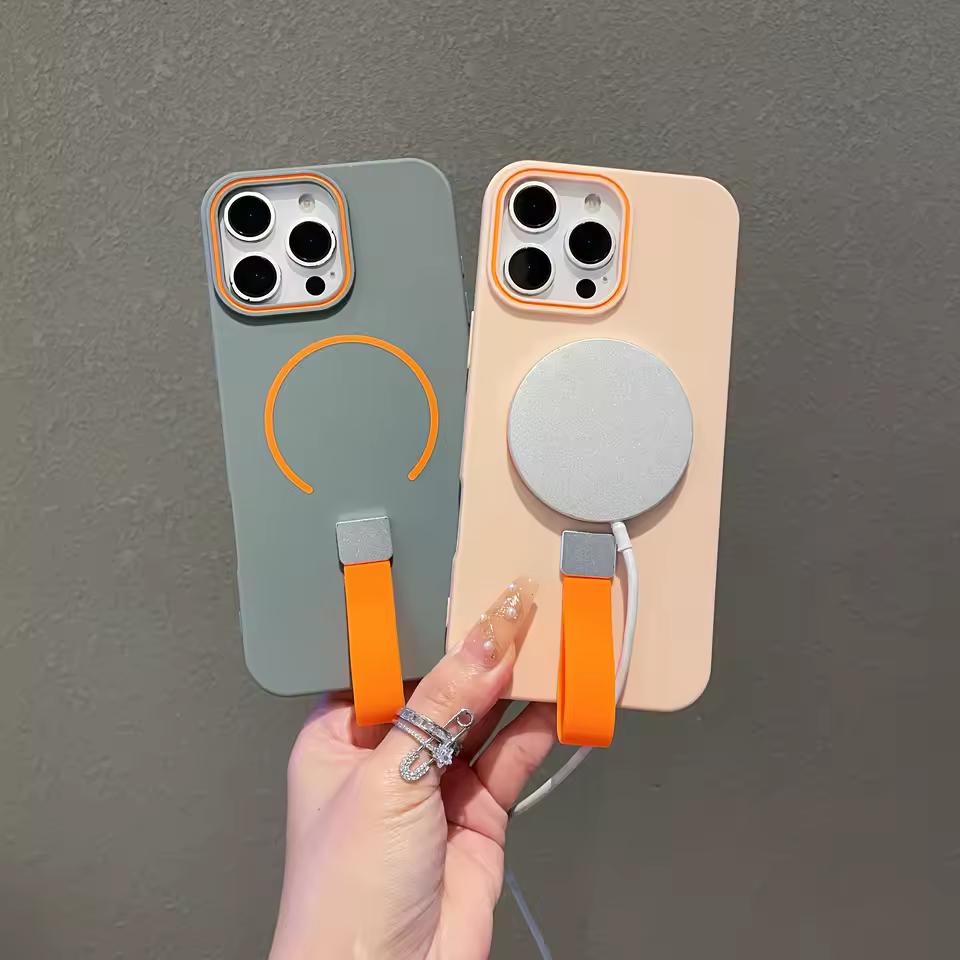 For Magsafe Wireless Charge Silicone Strap Grip Matte Magnetic Case For iPhone 16 15 Plus 14 13 12 11 Pro Max Soft Tpu Cover
