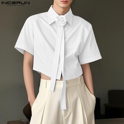 Men Women Short Sleeve Flower Tie Neck Short Cropped Shirts Tops