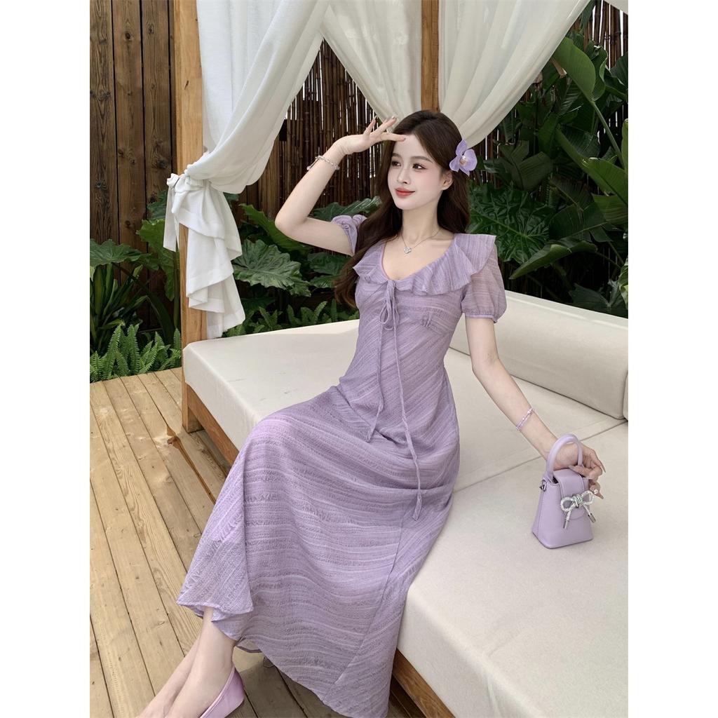 Gentle French girl vacation skirt summer new slim and thin waist strap solid color coffee break dress