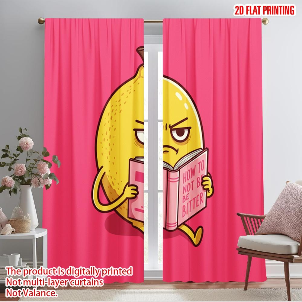 

2pcs 2D flat printing Party Curtain Artistic Lemon Reading Book Title Fabric Without Electricity Festive Curtains Use for Living 52.50×116.00 CM 2pcs