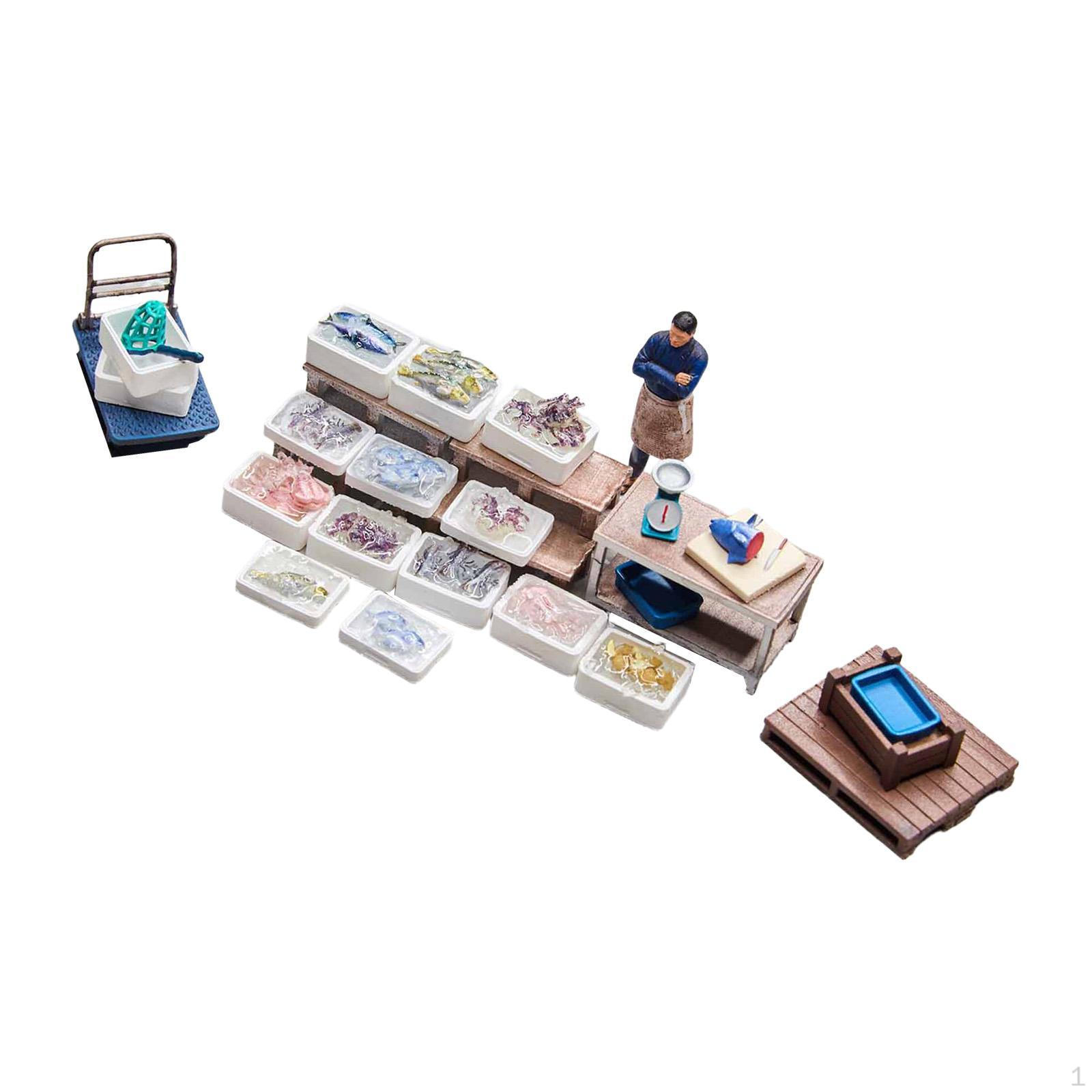 

1/64 Seafood Stall Model Kit Miniature People Figurine Props Collectible Display Hand Painted Figure