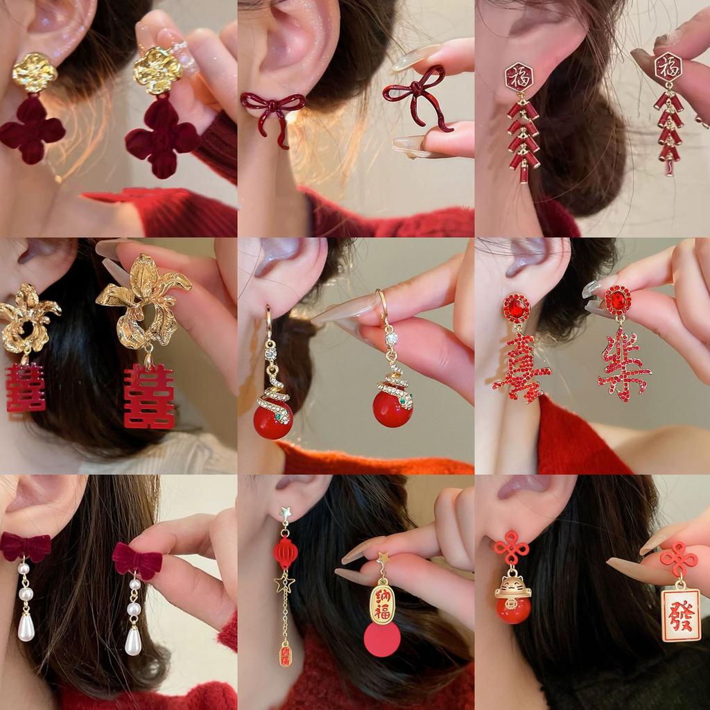 New Year's red flower flocking stud earrings women's niche earrings versatile earrings autumn and winter