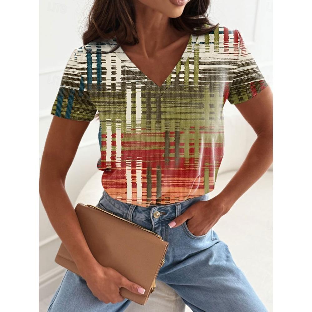 

Summer Women s T-shirt 3D Gradient Regular Lines Printing V-neck Short Sleeve Shirt Fashion Ladies T-shirt Clothing XL