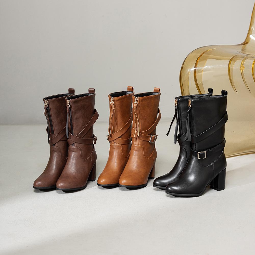 Bottes mi-mollet jaunes et marron pour femmes, talons hauts, petites et grandes tailles 33 52