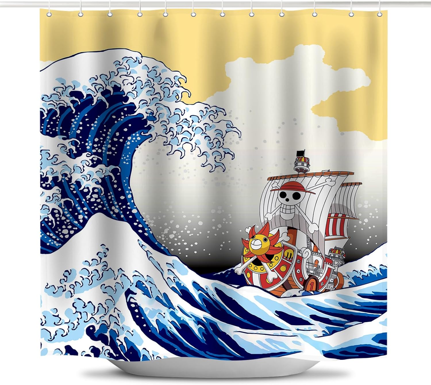 

Anime Shower Curtain - Thousand Sunny, Oda S Art Ukiyo-E, Waterproof Polyester, 12 Hooks, Bathroom Decor W60H190(CM)-1 Pcs