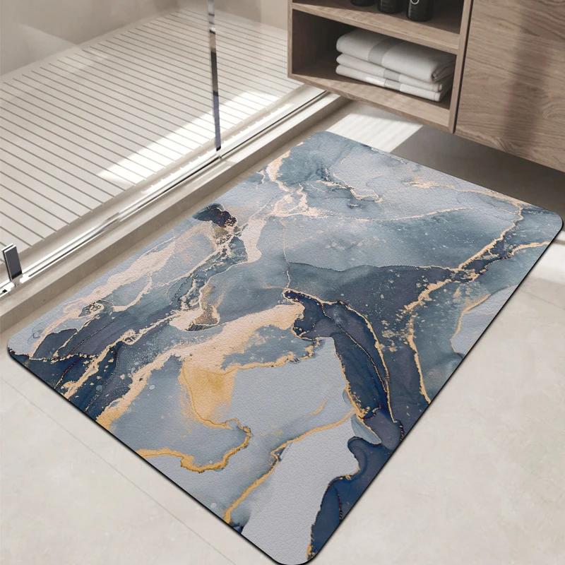Luxury Watercolor Marble Bath Mat, Non-Slip Bathroom Rug, Gold Accent Floor Mat for Shower, Vanity  Entryway Decor