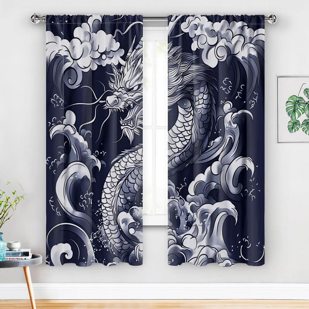 2PC Classic Asian Dragon Blackout Curtains – Chinese Dragon & Japanese Wave Design   Polyester for Bedroom