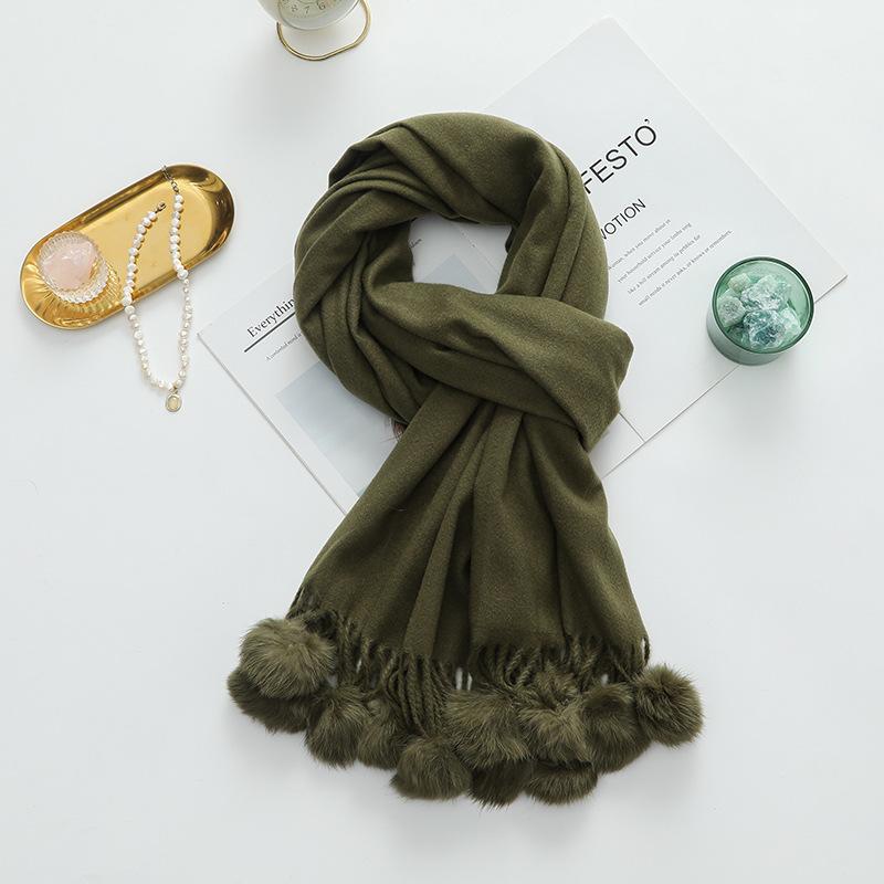 Girls Cute Imitation Cashmere Scarf Women's Winter Warm Solid Color Big Rabbit Fur Ball New Scarf Shawl
