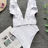 Sexy One Piece Swimsuit White Deep-V Neck Swimwear Women Black Beach High Cut Ruffles Monokini Buckle Bathing Suit Bodysuit