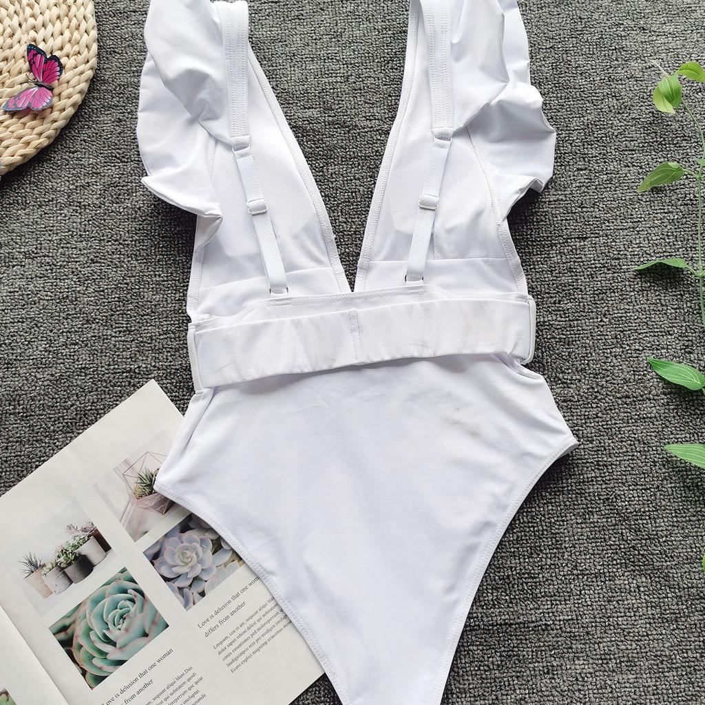 Sexy One Piece Swimsuit White Deep-V Neck Swimwear Women Black Beach High Cut Ruffles Monokini Buckle Bathing Suit Bodysuit