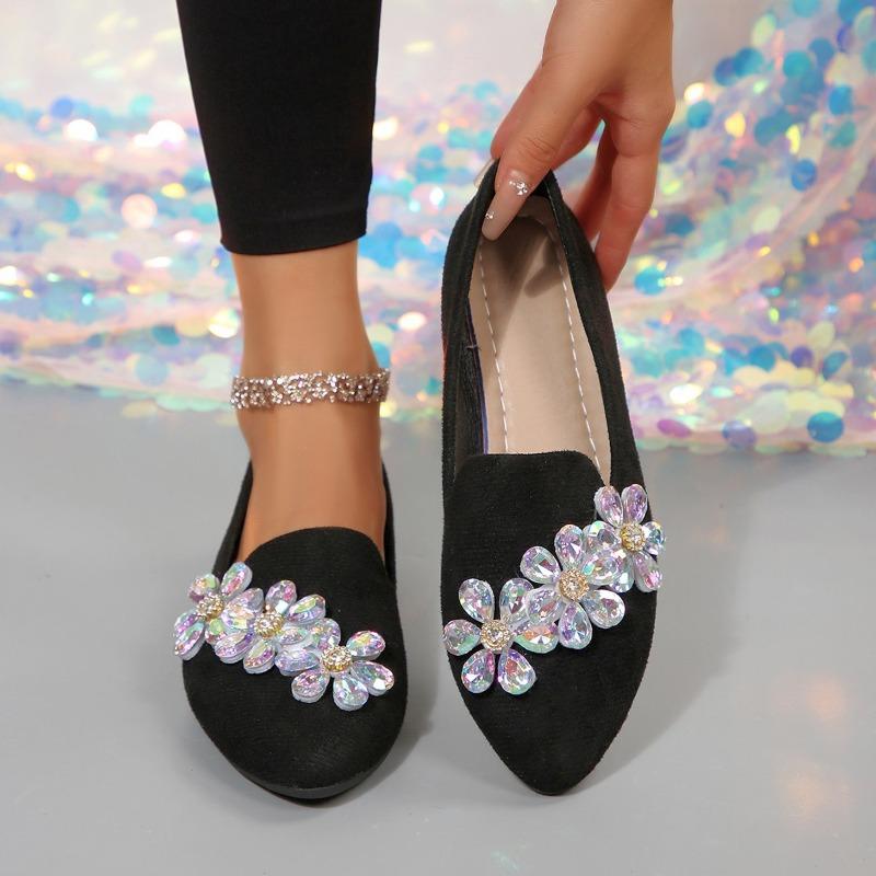 Women's Single Shoes Autumn New Pointed Toe Shallow Slip Rhinestone Flower Slip-on Soft Slip Low Heel Shoes