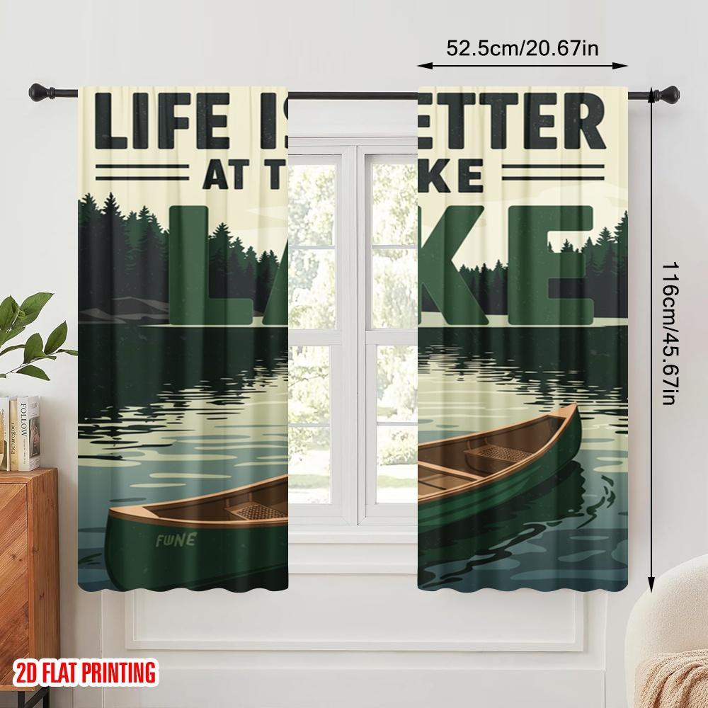 2pcs 2D flat printing Window Treatment Curtains Life Better Lake Canoe 100% Polyester Without Electricity Festive Holiday for