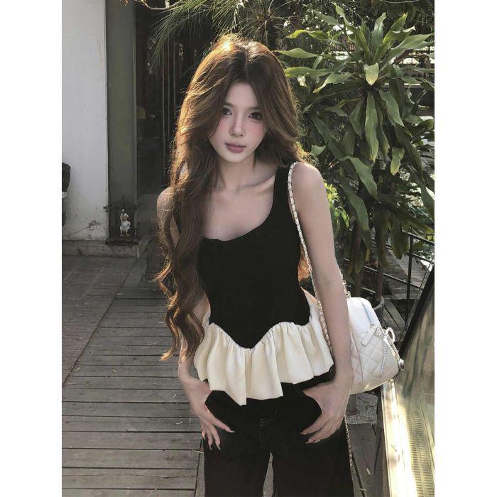 Pure Desire Women s Color Block Ruffle Camisole Top - 2026 Summer Sleeveless Design One Size чёрный