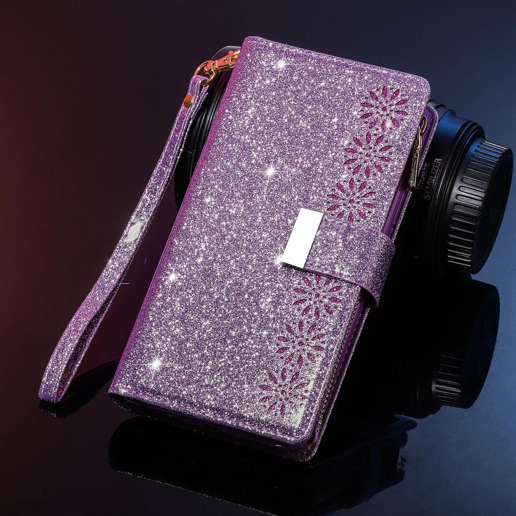 Applicable to Samsung S26 mobile phone leather case A57 star laser engraving multi-card zipper wallet protective case A55 glitter case