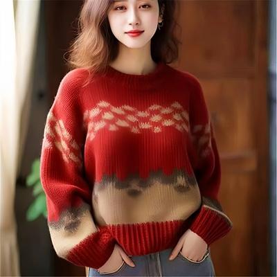 Fashion Retro Print Loose Pullovers Sweaters Women Winter New Soft Casual Women Knitted Sweater Tops Elegant Round Neck Slim Ladies Knit Jumpers 25471