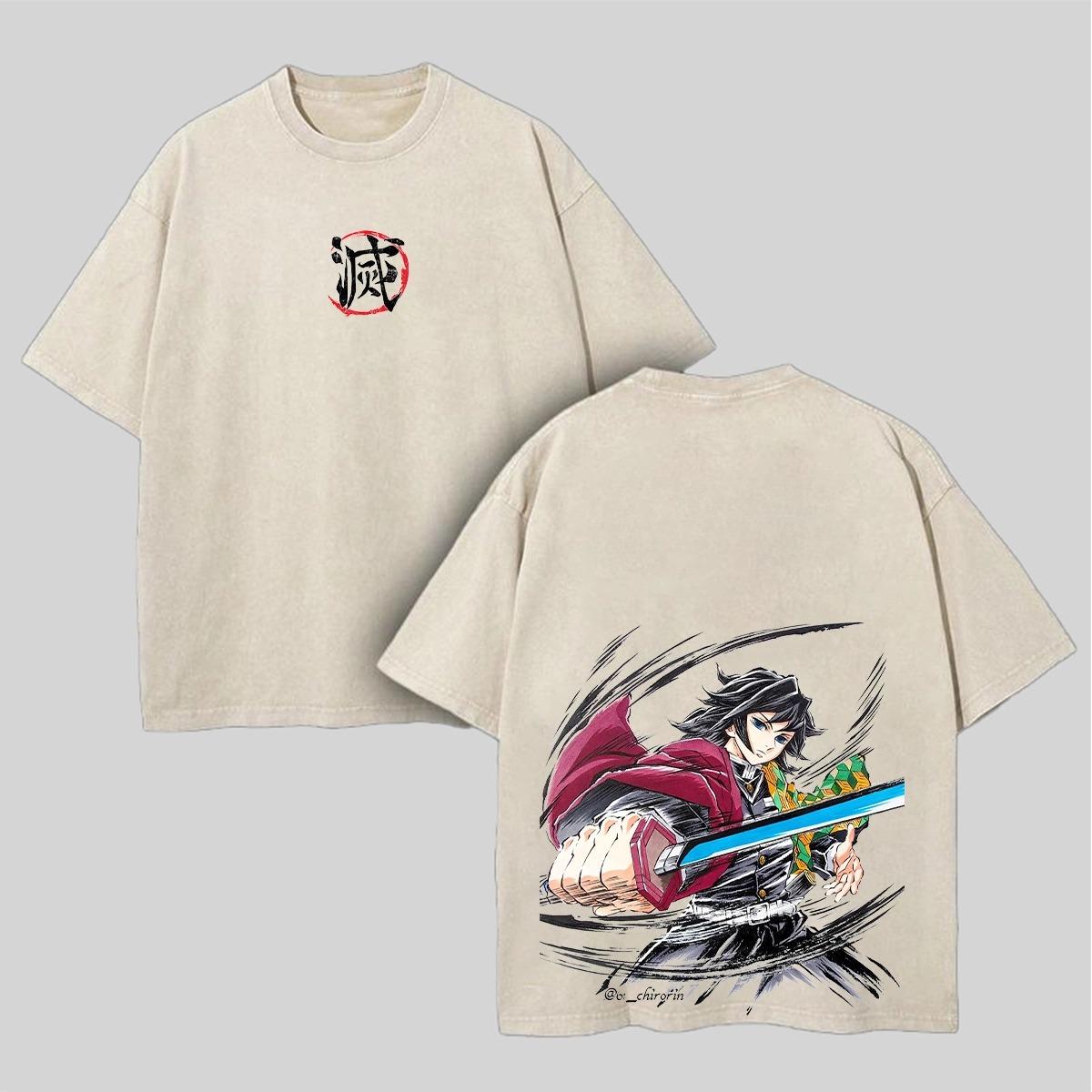 

Demon Slayer Anime T-shirt for Men Clothing Tomioka Giyuu Washed Oversized Streetwear Pure Cotton Soft Short Sleeve Tee Shirt XXL бежевый