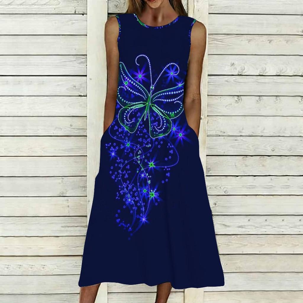 Women Oversized Sleeveless Round Neck Dress Jungle Foliage Pattern Flowy Calf Length Dress