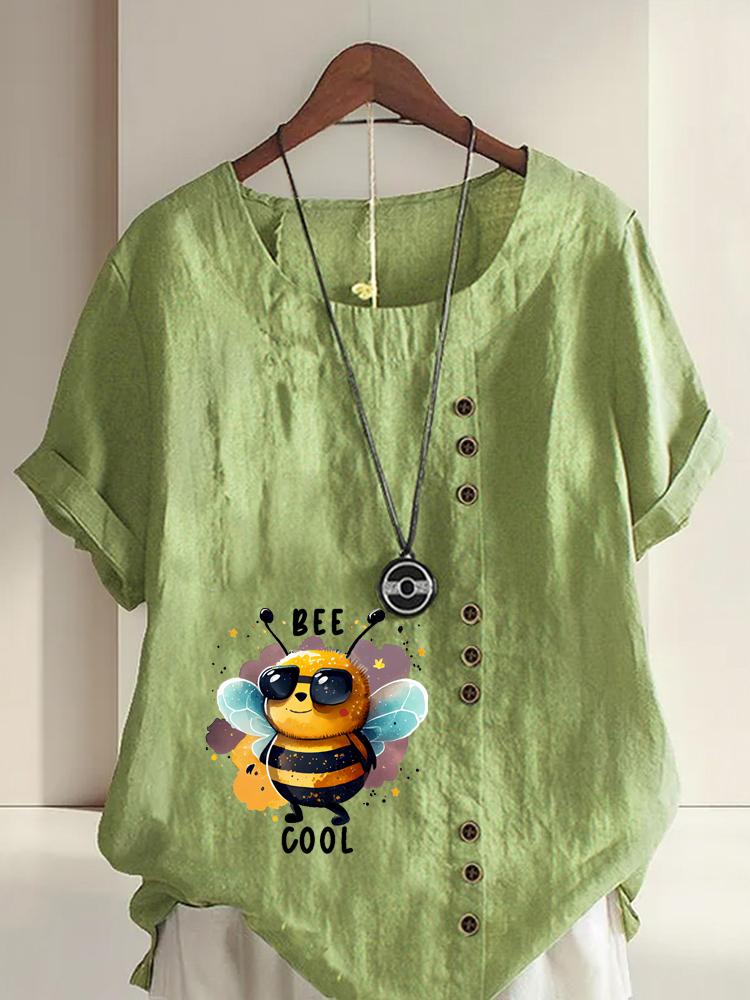 

Women s Fashion Cool Bee Print Round Neck Short Sleeve T-shirt Summer Casual Cotton Linen Graphic Shirt Leisure Loose Blouse Tops 5XL зелений