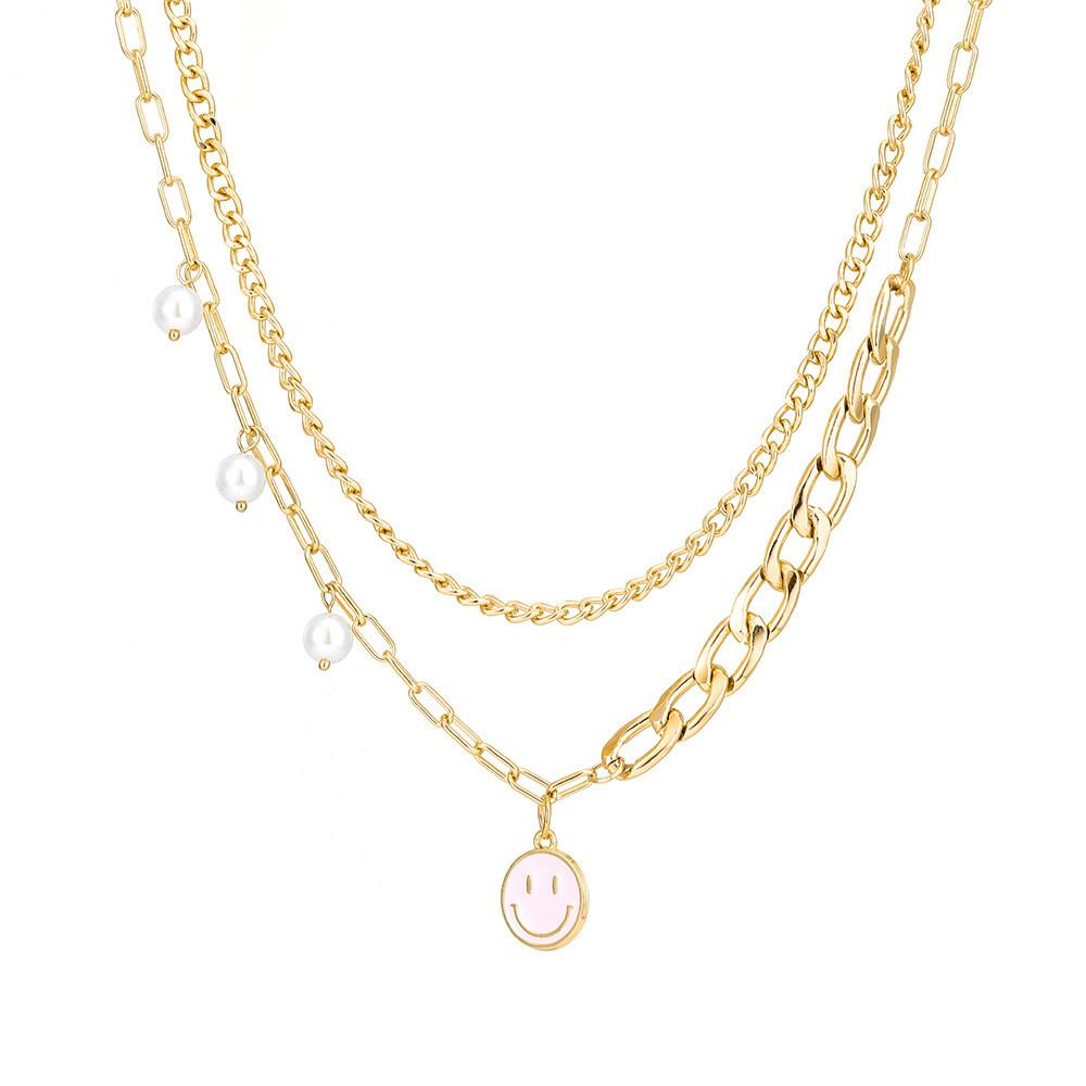 Trendy Gold Pearl Smiley Face Necklace Unique Geometric Design For Women Fashion Accessories
