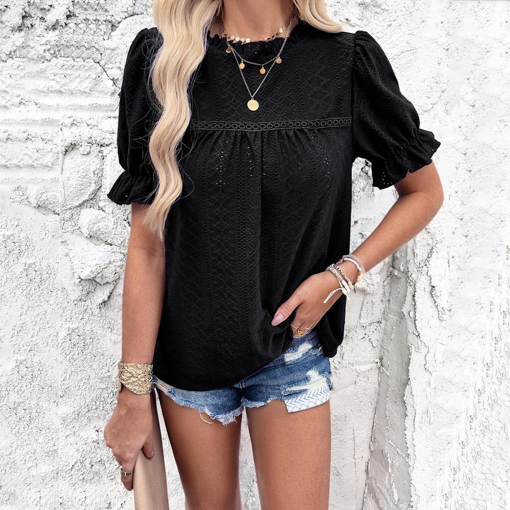 Diyun Women's European & American Short Sleeve Casual Solid Color Hollow T-shirt, 2024 Spring/Summer Collection