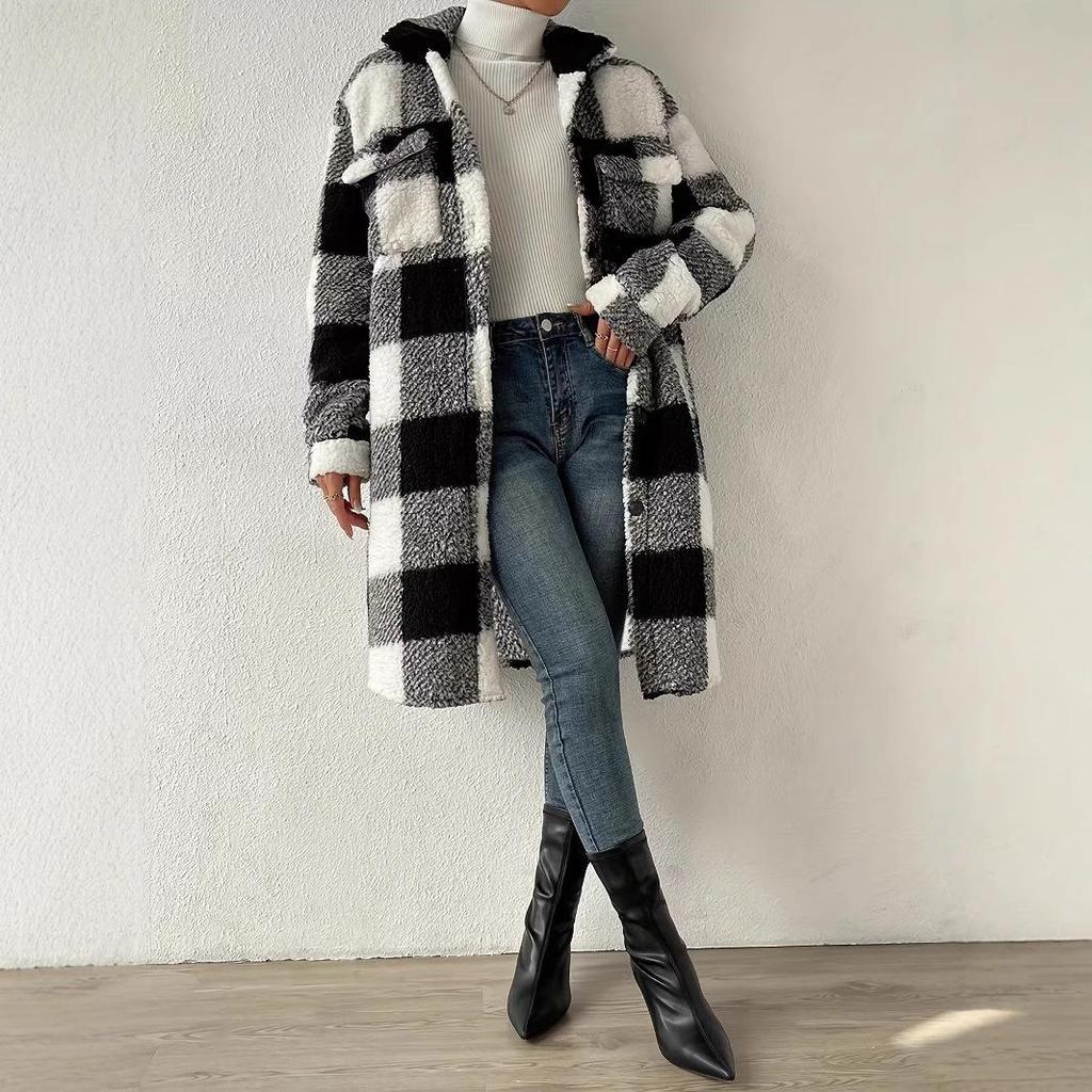 Women's Double-Sided Plush Plaid Lapel Cardigan Coat - Autumn/Winter Collection