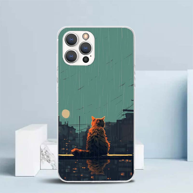 Anime Cat Rain Animal Soft Cover for iPhone 16 17 Air 15 14 Pro Max 16E Phone Case 13 Mini 12 11 7 SE 8 Print Pattern Fit Cases