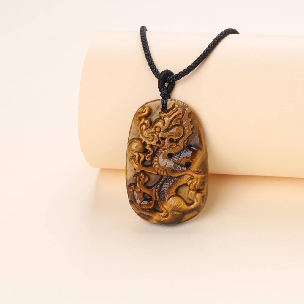 Dragon Carving Tiger Eye Power Stone Necklace Plate Pendant for Men Enhances Wealth and Protection Against Evil Spirits [COAI] -