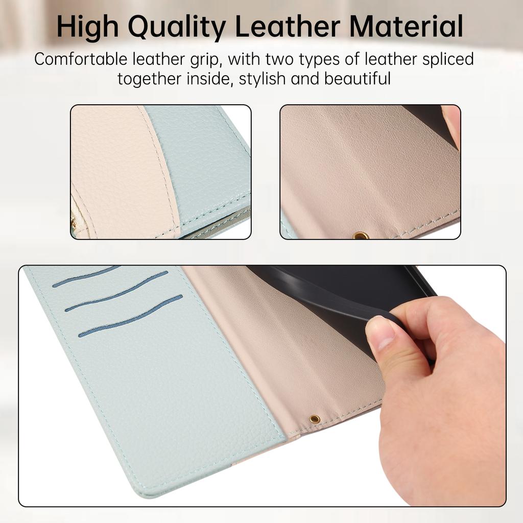 For iPhone 15 Pro Max Case Zipper Wallet Color Splicing TPU PU Leather Flip Phone Cover with Strap
