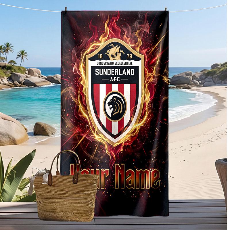 Asciugamano da Spiaggia Personalizzato Stampato Sunderland FC Logo Calcio Supporto Nome Personalizzato Testo Asciugamano Assorbente Per Sport Viaggio Regalo Speciale