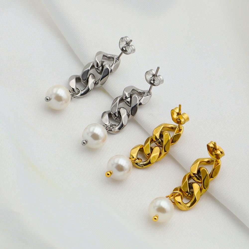 Fashion Titanium Steel Cuban Chain Pearl Earrings High Sense Light Luxury Medium Antique Jewelry Earrings