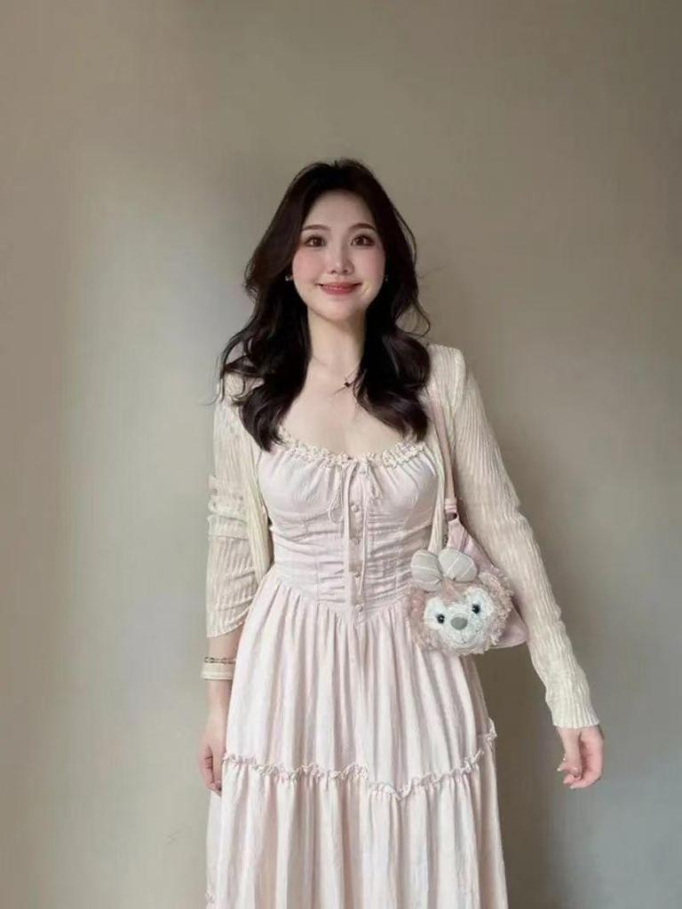 Pink French Lace Patchwork Camisole Dress - Gentle Summer Vacation Style Fairy Long Dress