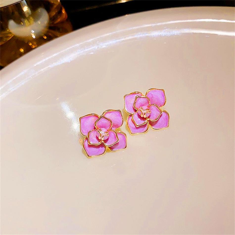 Glaze Purple Color Flower Stud Earring for Women French Retro Elegant Korean Sweet Ear Wedding Party Jewelry Gift