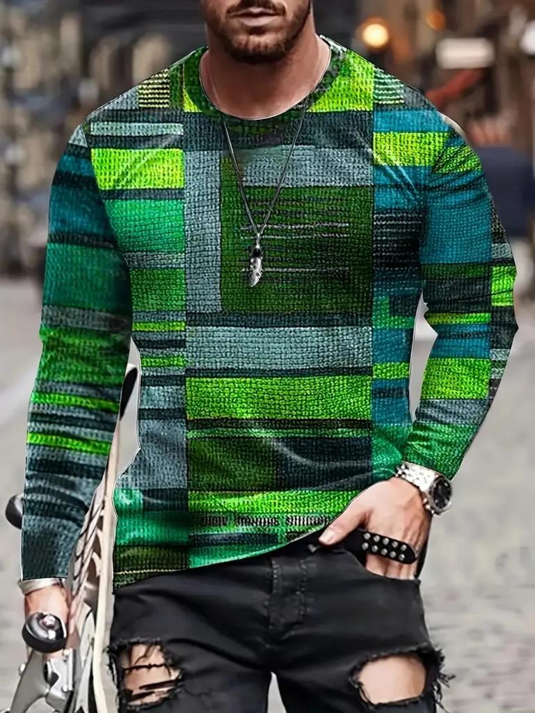 Vintage T-Shirt for Men Irregular Plaid Graphic T Shirts Round Neck Long Sleeve Tee Oversized Man Clothing Top Creative Clothing