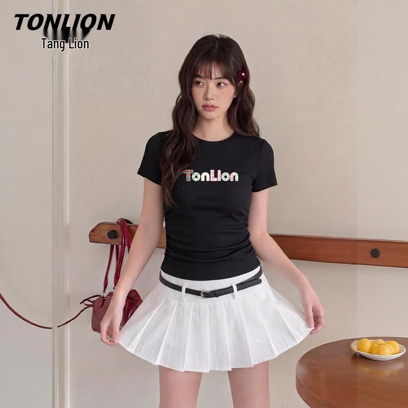 TonLion Women s Slim Fit Ruched Letter T-Shirt L