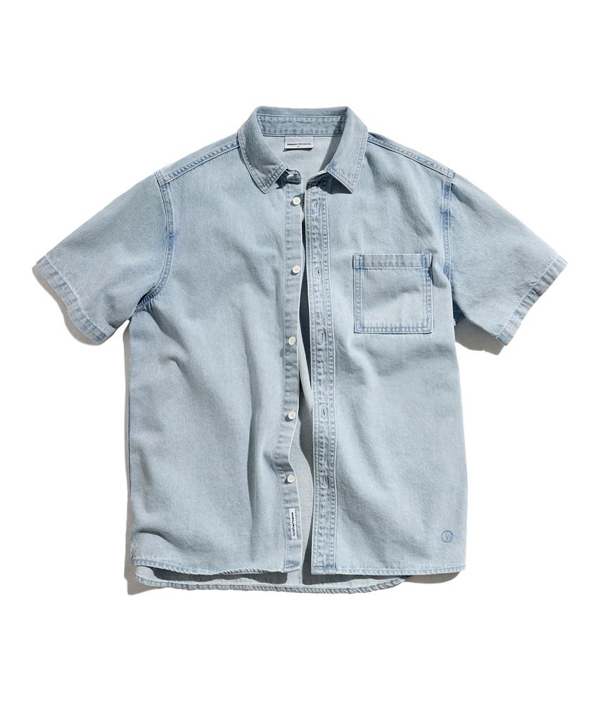 MINIMALPROJECT Symbol Embroidered One-Pocket Oversized Short Sleeve Denim Shirt Mls239 [Lightblue]