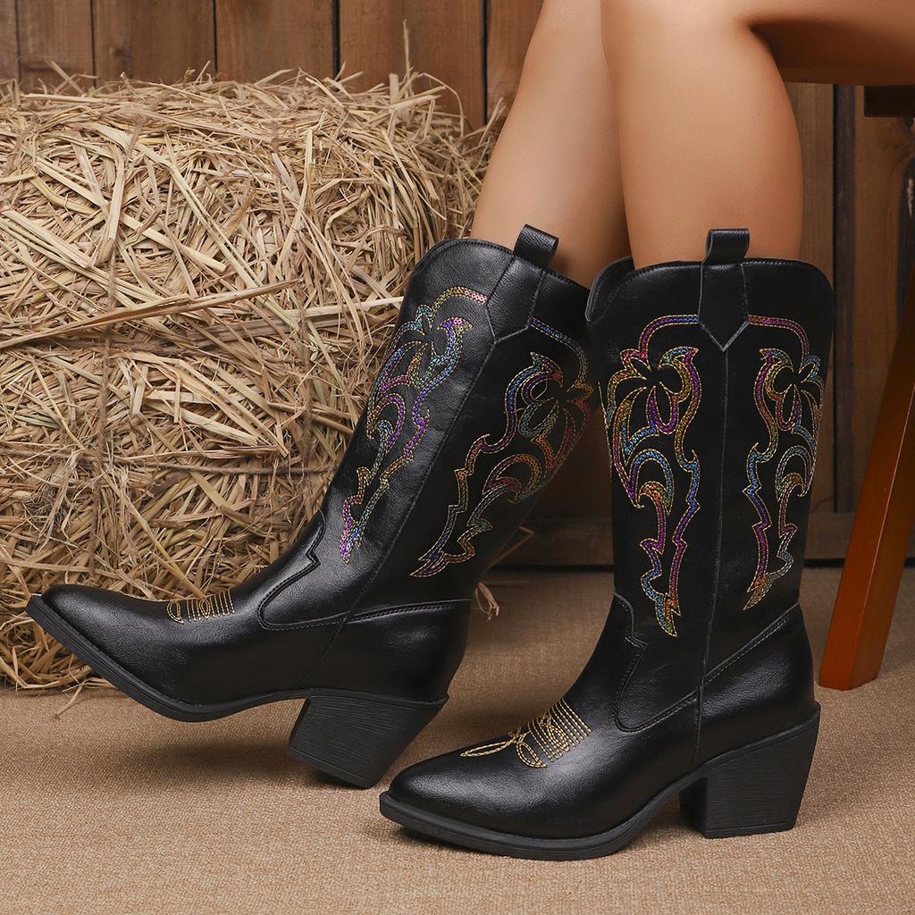 Women's Wide Width Embroidered Western Boots, Knee High Riding Boots, Ethnic Style Wholesale Booties for Women