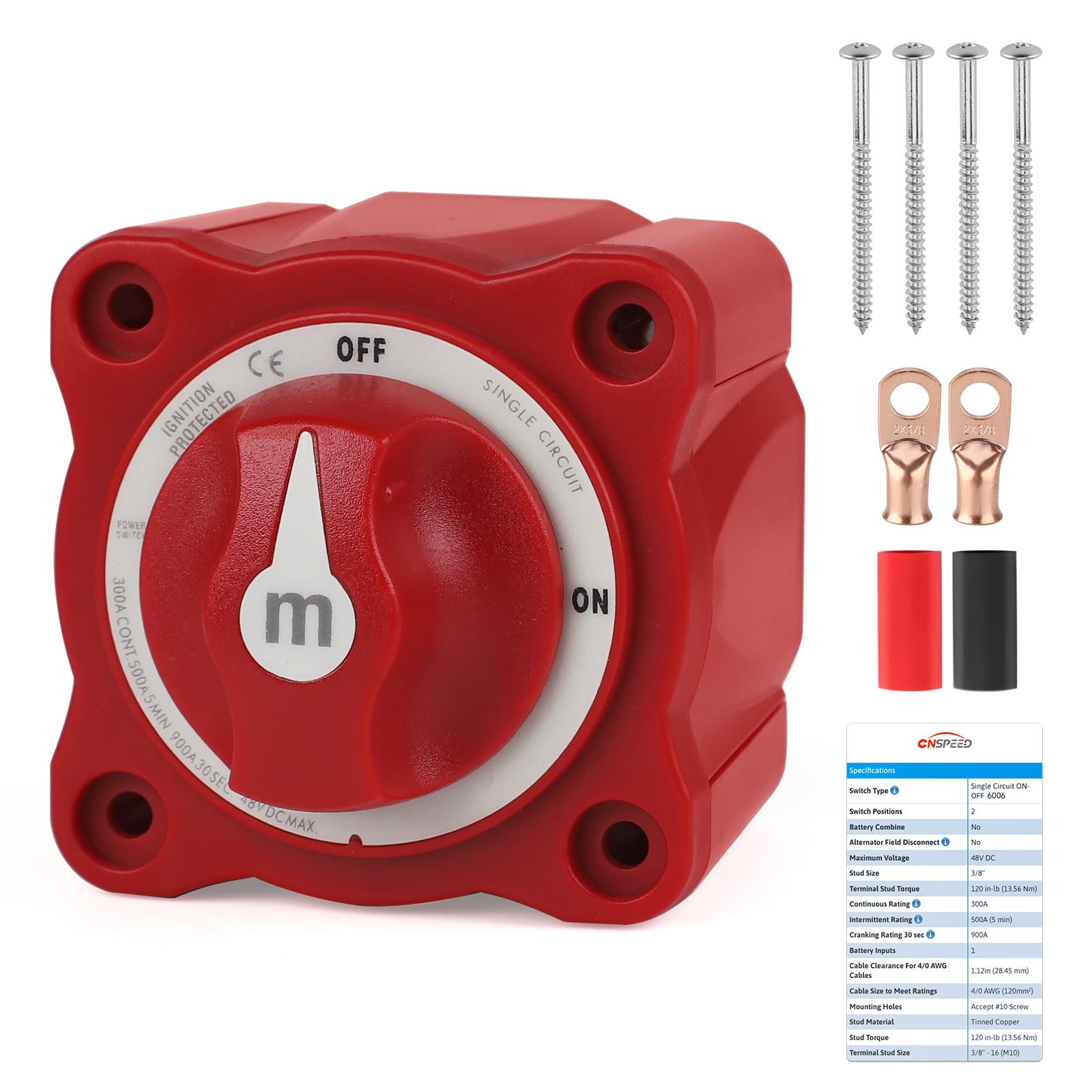 For Marine Boat Car RV M-Series 2 Positions ON-OFF Isolator Battery Switch Single Circuit Cable Lug and Heat Shrink 300A 48V M10