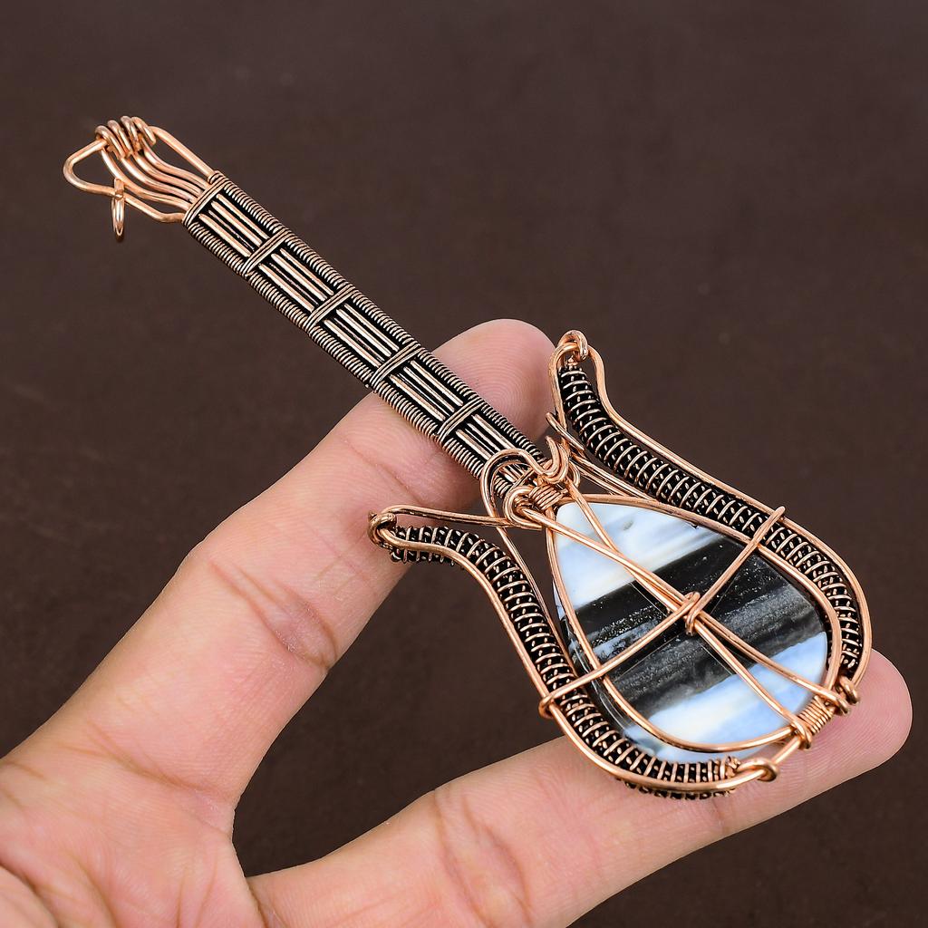Owhyee Blue Opal Handmade Copper Wire Wrap Guitar Pendant 4.53" a9u37