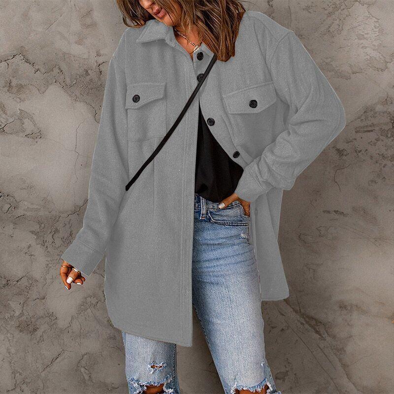 Fashion Women Fall And Winter Solid Color Button Coat Jacket Casual Loose Fleece Sweater Coat