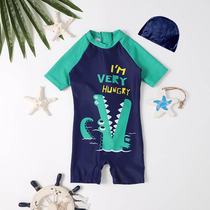 Boys' Dinosaur Sun Protection One-Piece Swimsuit (Small/Medium, Quick-Dry)